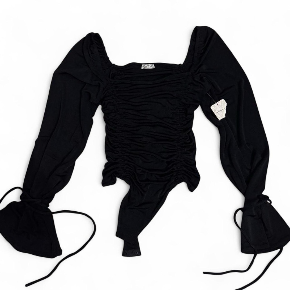 Free People Black Ruched Long-Sleeve Bodysuit